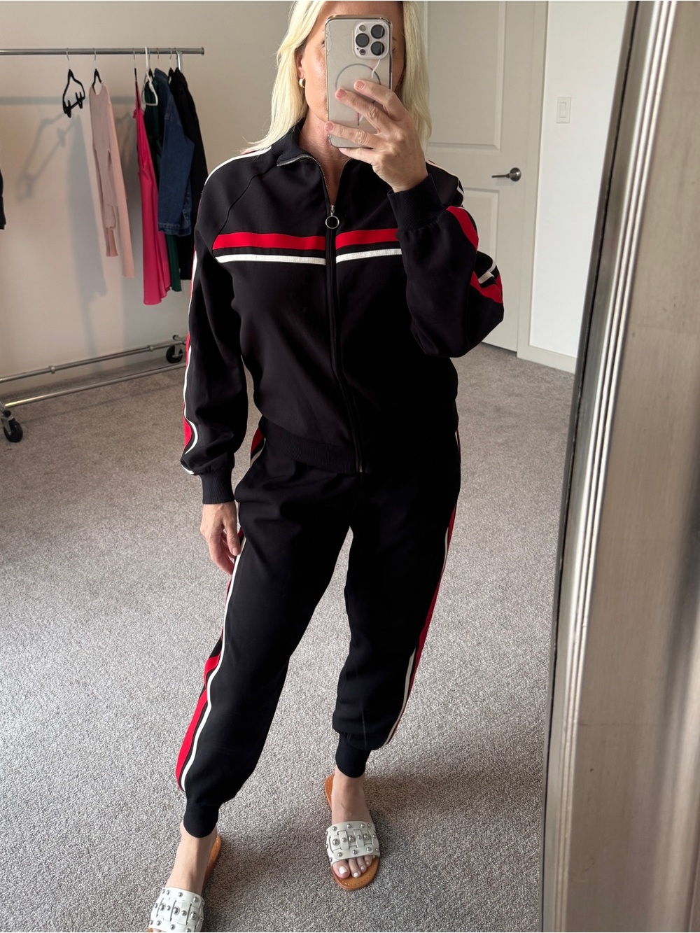 Zara Set Black Red white Zip Jacket with pants Size small